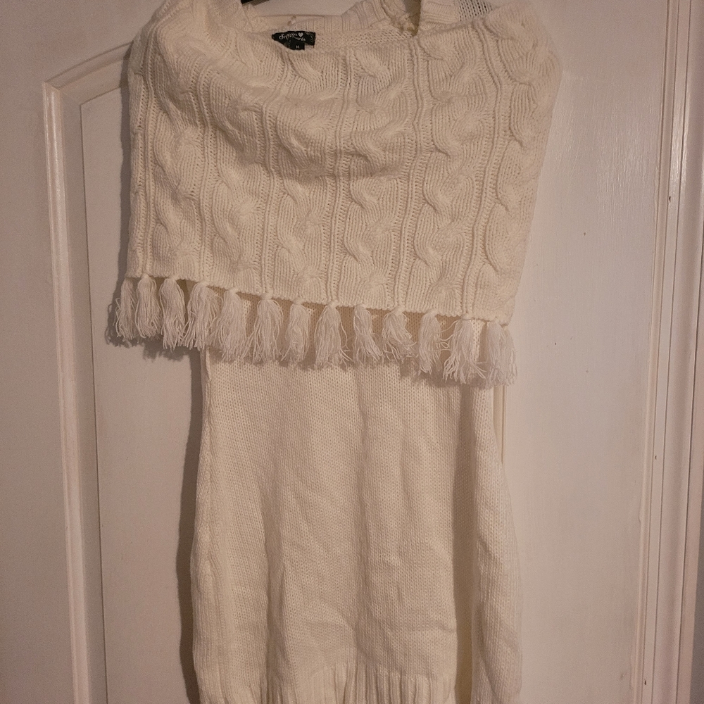 White sweater dress with attached scarf